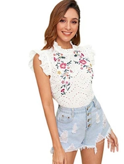 Women's Sleeveless Ruffle Stand Collar Embroidery Button Slim Cotton Blouse Top