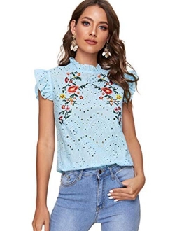 Women's Sleeveless Ruffle Stand Collar Embroidery Button Slim Cotton Blouse Top