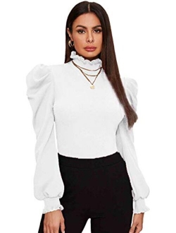 Women's Elegant Puff Long Sleeve Pearl/Solid Stand Collar Keyhole Back Slim Fit Blouse