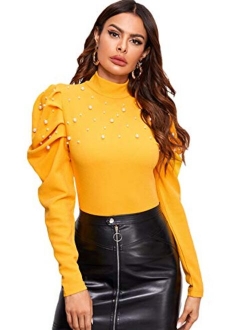 Women's Elegant Puff Long Sleeve Pearl/Solid Stand Collar Keyhole Back Slim Fit Blouse