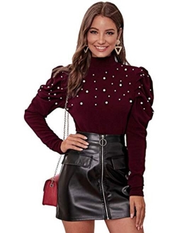 Women's Elegant Puff Long Sleeve Pearl/Solid Stand Collar Keyhole Back Slim Fit Blouse