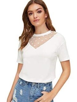 Women's Cotton Contrast Mesh Short Sleeve Summer Top T-Shirt