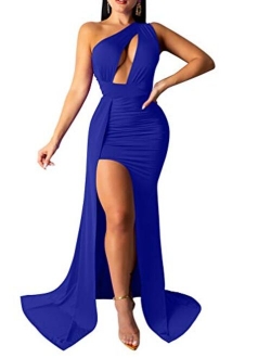 Sexy Elegant One Shoulder Thigh High Slit Cutout Long Evening Dress