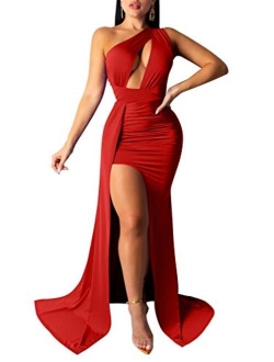 Sexy Elegant One Shoulder Thigh High Slit Cutout Long Evening Dress