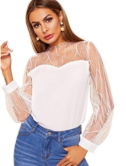 Women's Elegant Mesh Long Sleeve Sweetheart Neck Casual Chiffon Blouse Top