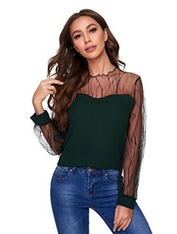 Women's Elegant Mesh Long Sleeve Sweetheart Neck Casual Chiffon Blouse Top