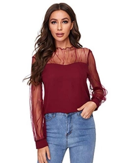 Women's Elegant Mesh Long Sleeve Sweetheart Neck Casual Chiffon Blouse Top