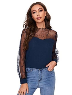 Women's Elegant Mesh Long Sleeve Sweetheart Neck Casual Chiffon Blouse Top