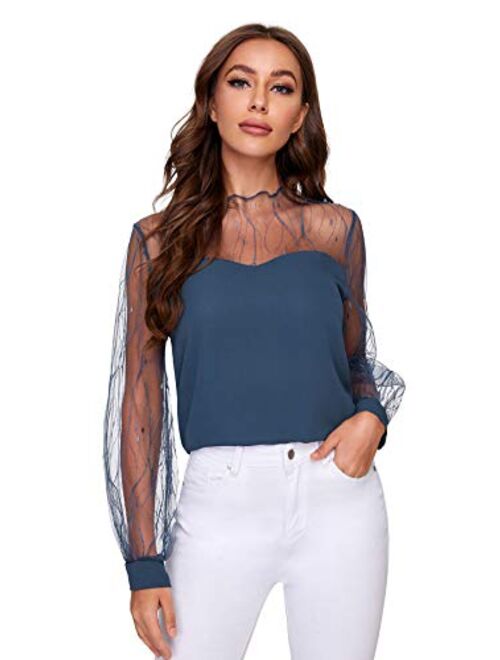 Romwe Women's Elegant Mesh Long Sleeve Sweetheart Neck Casual Chiffon Blouse Top