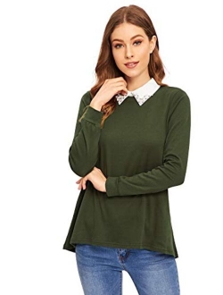 Women's Casual Contrast Beading Collar Long Sleeve Tunic Tops