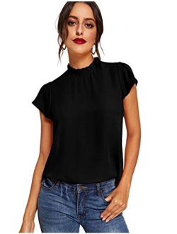 Women's Elegant Short Sleeve Mock Neck Workwear Blouse Top Shirts