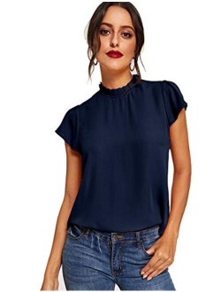 Women's Elegant Short Sleeve Mock Neck Workwear Blouse Top Shirts