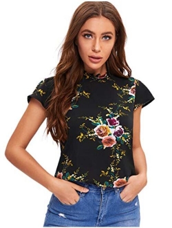 Women's Elegant Short Sleeve Mock Neck Workwear Blouse Top Shirts