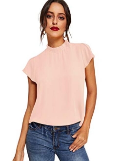 Women's Elegant Short Sleeve Mock Neck Workwear Blouse Top Shirts