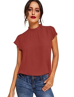 Women's Elegant Short Sleeve Mock Neck Workwear Blouse Top Shirts