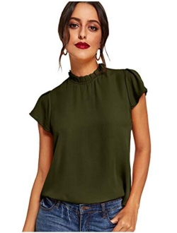 Women's Elegant Short Sleeve Mock Neck Workwear Blouse Top Shirts