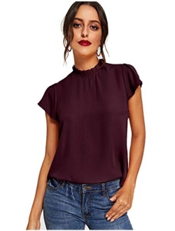 Women's Elegant Short Sleeve Mock Neck Workwear Blouse Top Shirts