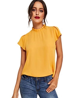 Women's Elegant Short Sleeve Mock Neck Workwear Blouse Top Shirts