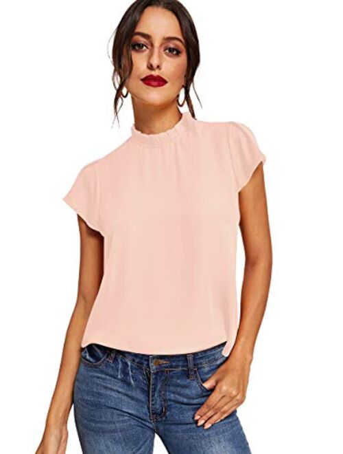 Romwe Women's Elegant Short Sleeve Mock Neck Workwear Blouse Top Shirts