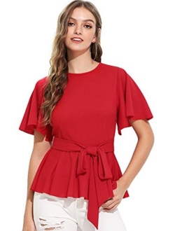 Women's Slim Ruffle Short Sleeve Raw Hem Elegant Peplum Blouse Top with Belt