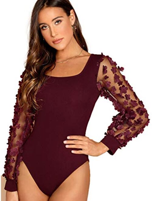 Romwe Women's Elegant Square Neck Floral Applique Mesh Sleeve Bodysuit Jumpsuit