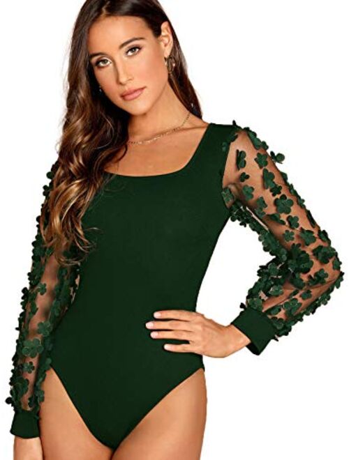 Romwe Women's Elegant Square Neck Floral Applique Mesh Sleeve Bodysuit Jumpsuit