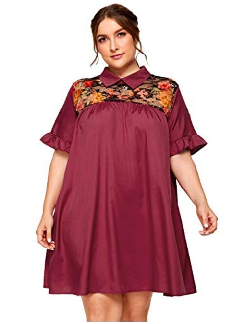 Romwe Women's Plus Size Floral Lace Short Sleeve Summer Beach Swing Tunic Dress