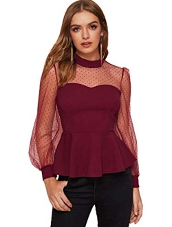 Women's Mesh Long Sleeve Mock Neck Ruffle Hem Slim Fit Peplum Blouse