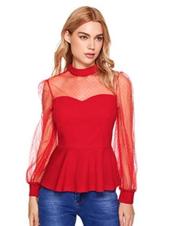 Women's Mesh Long Sleeve Mock Neck Ruffle Hem Slim Fit Peplum Blouse