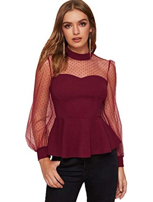 Romwe Women's Mesh Long Sleeve Mock Neck Ruffle Hem Slim Fit Peplum Blouse