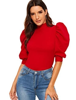 Women's Puff Half Sleeve Mock Neck Keyhole Back Slim Fit Blouse Tops