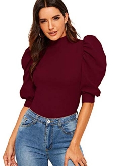 Women's Puff Half Sleeve Mock Neck Keyhole Back Slim Fit Blouse Tops