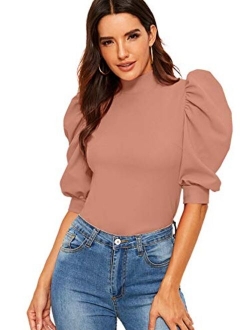 Women's Puff Half Sleeve Mock Neck Keyhole Back Slim Fit Blouse Tops