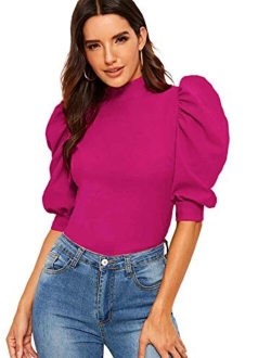 Women's Puff Half Sleeve Mock Neck Keyhole Back Slim Fit Blouse Tops