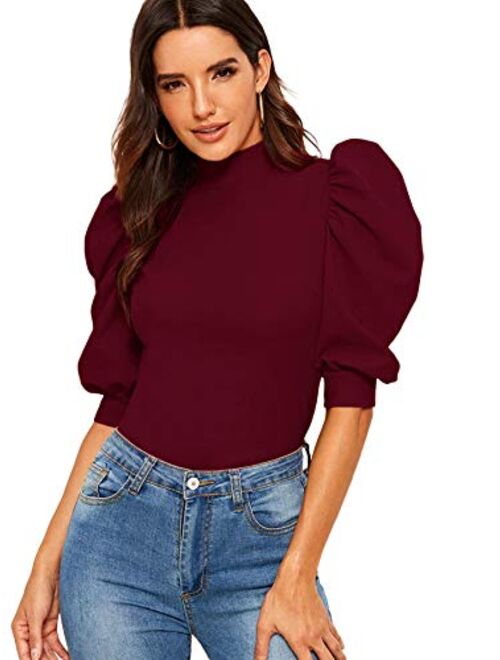 Romwe Women's Puff Half Sleeve Mock Neck Keyhole Back Slim Fit Blouse Tops