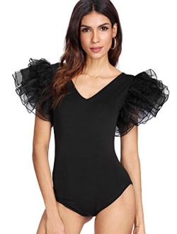 Women's V Neck Ruffle Mesh Sleeve Bodysuit Stretchy Party Romper