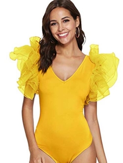 Women's V Neck Ruffle Mesh Sleeve Bodysuit Stretchy Party Romper