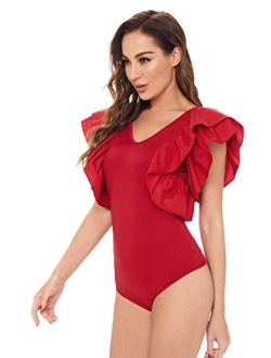 Women's V Neck Ruffle Mesh Sleeve Bodysuit Stretchy Party Romper