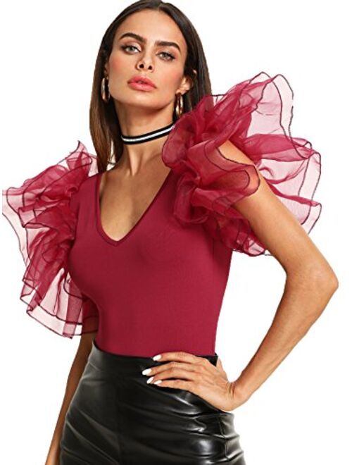 Romwe Women's V Neck Ruffle Mesh Sleeve Bodysuit Stretchy Party Romper