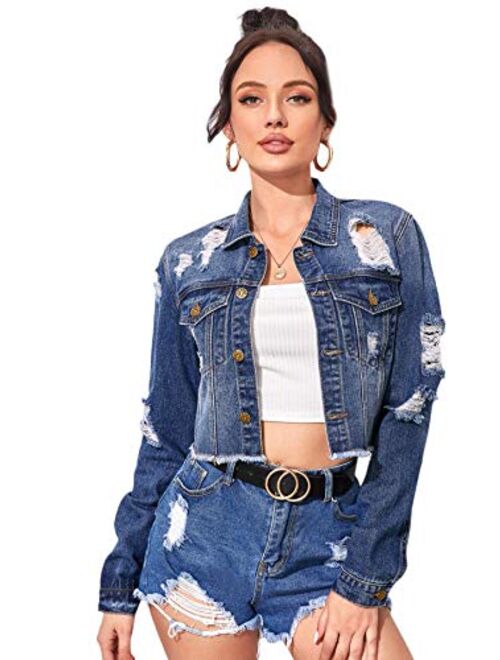 Romwe Long Sleeve Pockets Washed Distressed Denim Jean Jacket