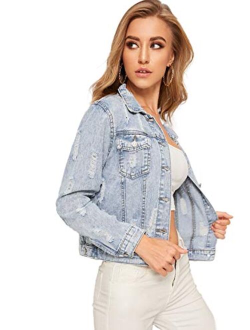 Romwe Long Sleeve Pockets Washed Distressed Denim Jean Jacket