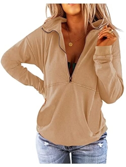 Floral Find Women's Long Sleeve Lapel Half Zip Up Sweatshirt Solid Stylish Loose Fit Casual Pullover Tops