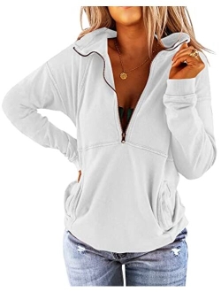 Floral Find Women's Long Sleeve Lapel Half Zip Up Sweatshirt Solid Stylish Loose Fit Casual Pullover Tops