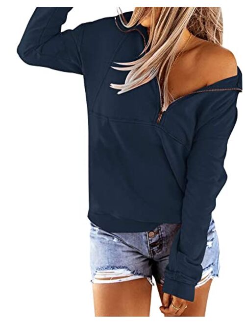 Floral Find Women's Long Sleeve Lapel Half Zip Up Sweatshirt Solid Stylish Loose Fit Casual Pullover Tops