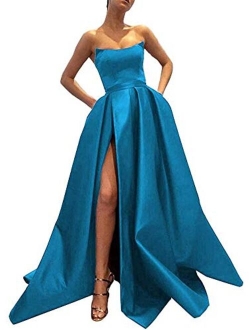 Ever-Beauty Strapless Satin Front High Slit Prom Evening Ball Gown With Pockets