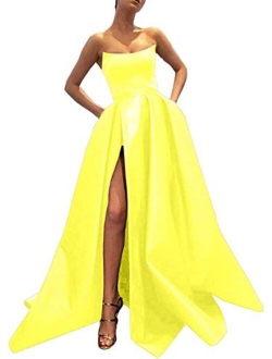 Ever-Beauty Strapless Satin Front High Slit Prom Evening Ball Gown With Pockets