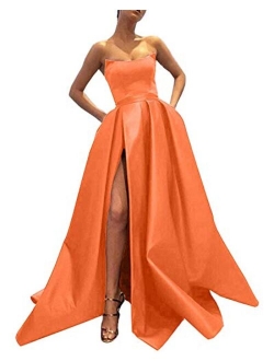 Ever-Beauty Strapless Satin Front High Slit Prom Evening Ball Gown With Pockets