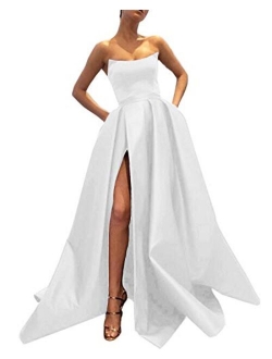 Ever-Beauty Strapless Satin Front High Slit Prom Evening Ball Gown With Pockets