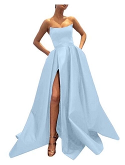 Ever-Beauty Strapless Satin Front High Slit Prom Evening Ball Gown With Pockets
