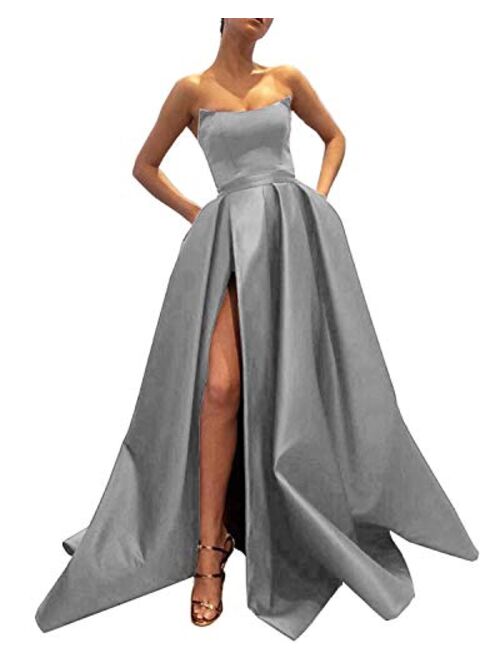 Ever-Beauty Strapless Satin Front High Slit Prom Evening Ball Gown With Pockets